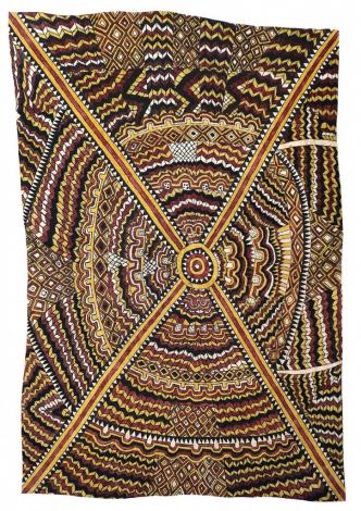 Ömie Artists, Onesimus Ugiobari (Ubur’e)- Butotu am’e, mokoja’e an’e, ohu’o vinohu’e sor’e – Spider’s house (spiderweb), beak of the red parrot and Ujawé initiation rite design of the navel (bellybutton), 2025, #25-014